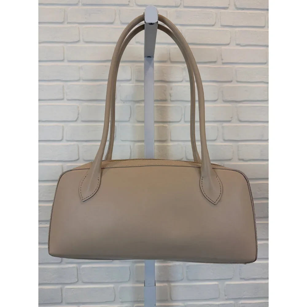 Isadora Beige Leather Structured Barrel Shoulder Bag